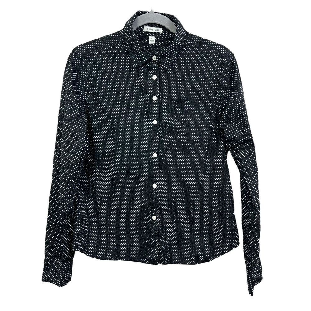 PER SE Womens Polka Dot Shirt Top Button Up Long Sleeves Pen Pocket Black Sz S*